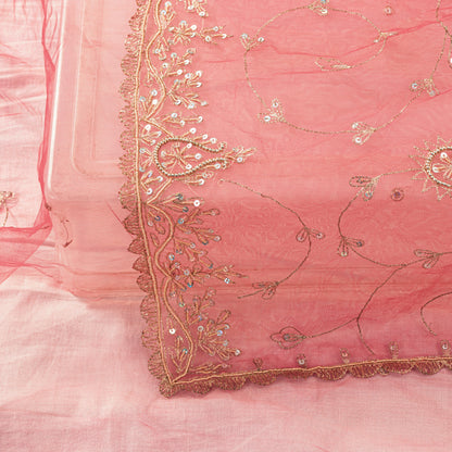Sanskriti Vintage Pink Net Mesh Dupatta Stole Hand Embroidered Zari Dabka Scarf