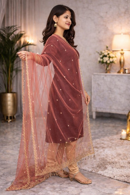 Sanskriti Vintage Pink Net Mesh Dupatta Stole Hand Embroidered Zari Dabka Scarf
