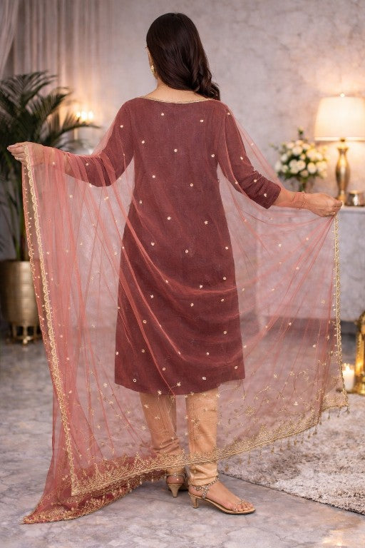 Sanskriti Vintage Pink Net Mesh Dupatta Stole Hand Embroidered Zari Dabka Scarf