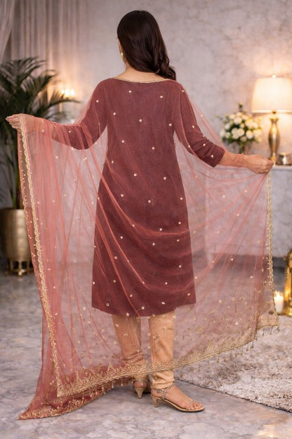 Sanskriti Vintage Pink Net Mesh Dupatta Stole Hand Embroidered Zari Dabka Scarf
