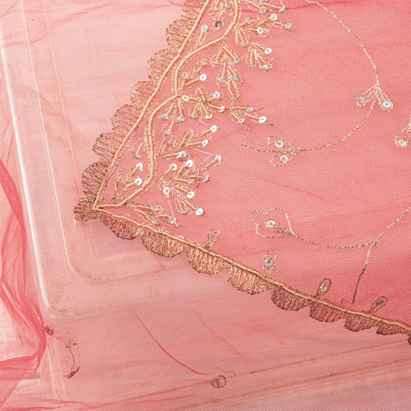 Sanskriti Vintage Pink Net Mesh Dupatta Stole Hand Embroidered Zari Dabka Scarf