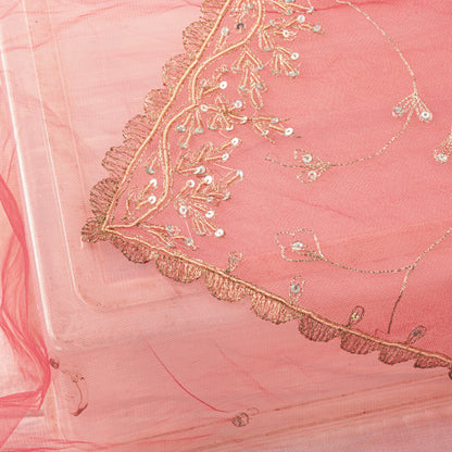 Sanskriti Vintage Pink Net Mesh Dupatta Stole Hand Embroidered Zari Dabka Scarf