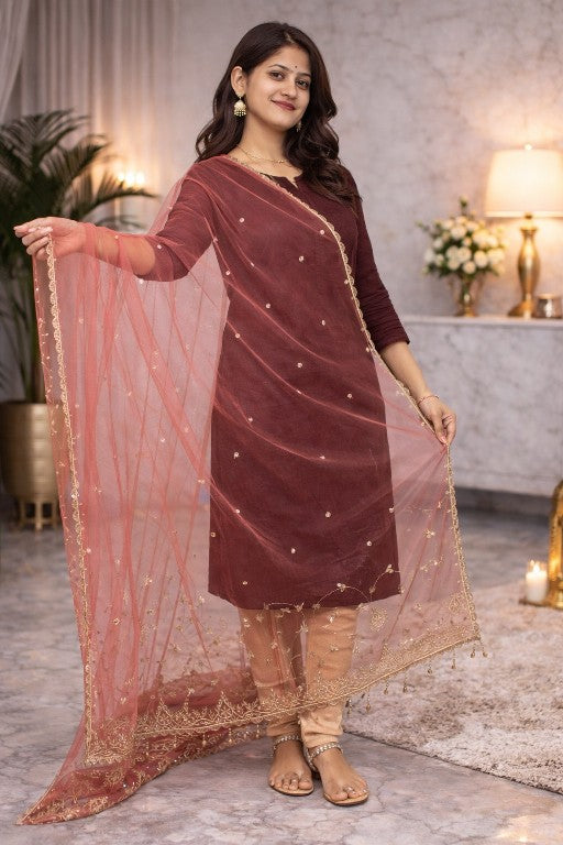 Sanskriti Vintage Pink Net Mesh Dupatta Stole Hand Embroidered Zari Dabka Scarf