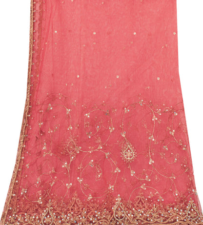 Sanskriti Vintage Pink Net Mesh Dupatta Stole Hand Embroidered Zari Dabka Scarf