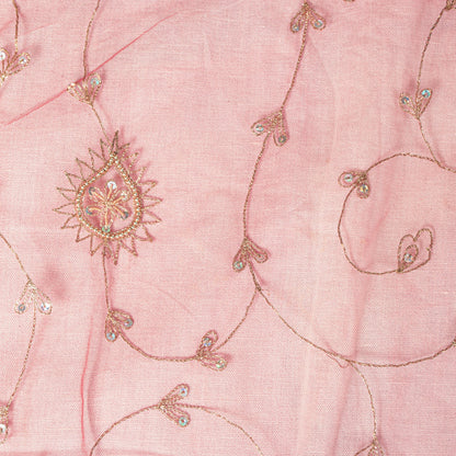 Sanskriti Vintage Pink Net Mesh Dupatta Stole Hand Embroidered Zari Dabka Scarf