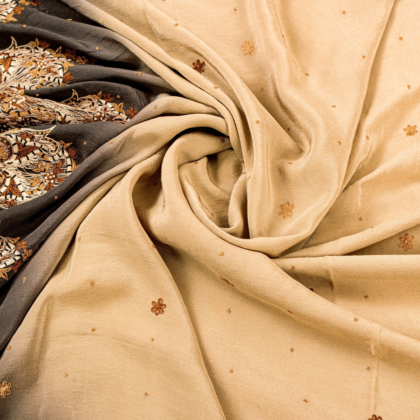 Sanskriti Vintage Cream-Black Pure Crepe Silk Dupatta Hand Embroidery Stole Veil