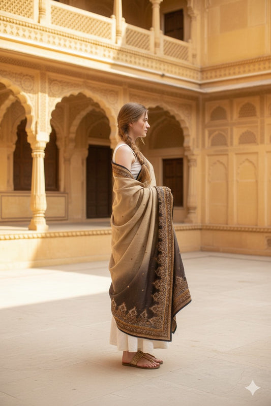 Sanskriti Vintage Cream-Black Pure Crepe Silk Dupatta Hand Embroidery Stole Veil