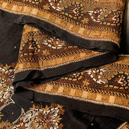 Sanskriti Vintage Cream-Black Pure Crepe Silk Dupatta Hand Embroidery Stole Veil
