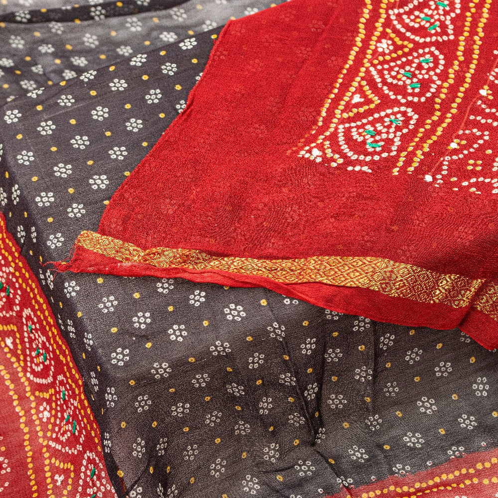 Sanskriti Vintage Black-Red Pure Georgette Dupatta Bandhani Print Embroidered