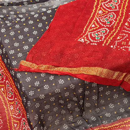 Sanskriti Vintage Black-Red Pure Georgette Dupatta Bandhani Print Embroidered