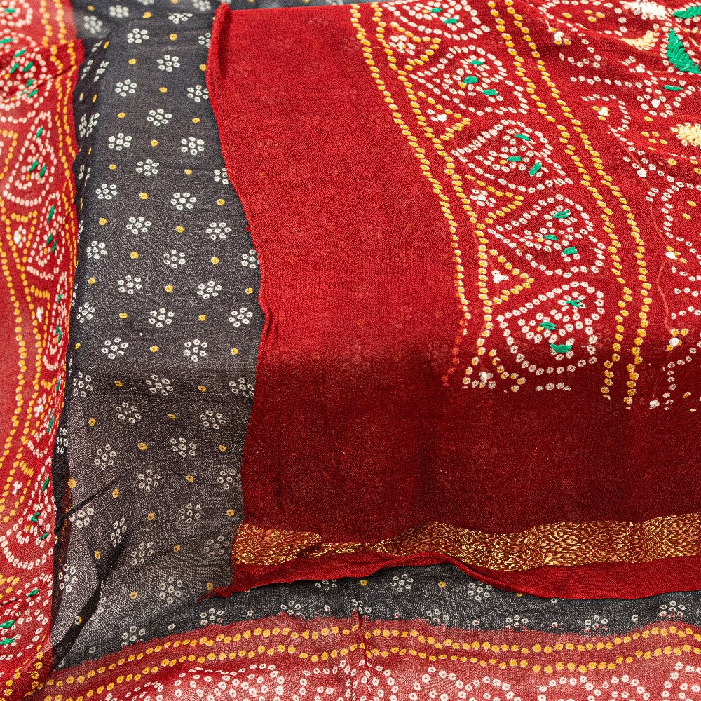 Sanskriti Vintage Black-Red Pure Georgette Dupatta Bandhani Print Embroidered