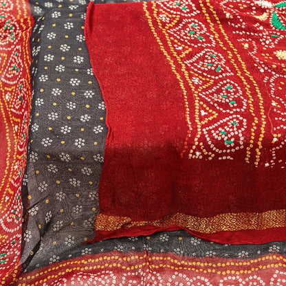 Sanskriti Vintage Black-Red Pure Georgette Dupatta Bandhani Print Embroidered