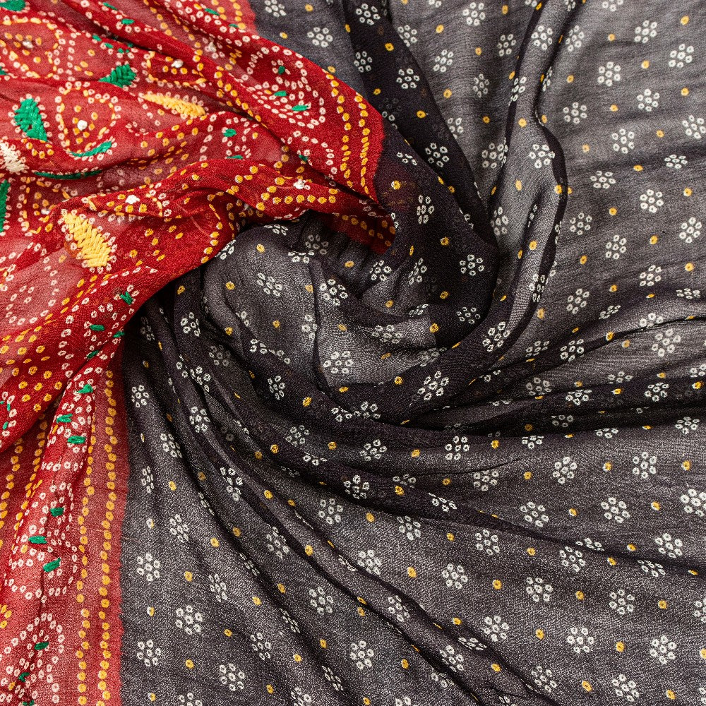 Sanskriti Vintage Black-Red Pure Georgette Dupatta Bandhani Print Embroidered