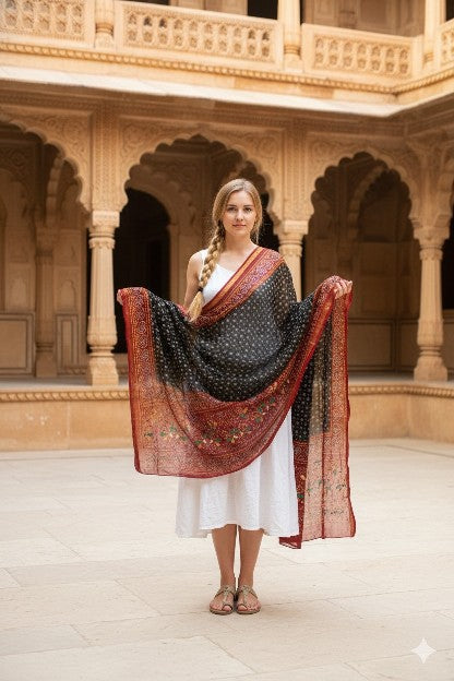 Sanskriti Vintage Black-Red Pure Georgette Dupatta Bandhani Print Embroidered