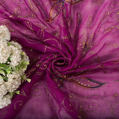 Sanskriti Vintage Dupatta/Stole Pink Pure Chiffon Embroidered Zari Sequns Veil