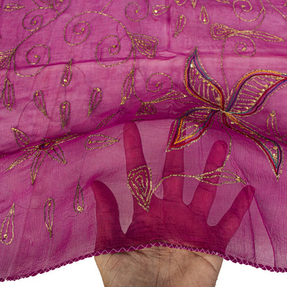 Sanskriti Vintage Dupatta/Stole Pink Pure Chiffon Embroidered Zari Sequns Veil