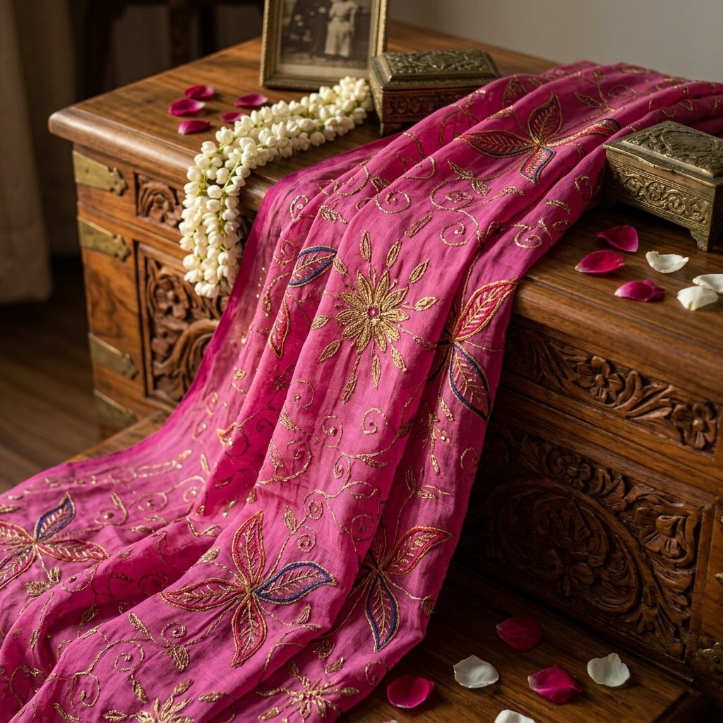 Sanskriti Vintage Dupatta/Stole Pink Pure Chiffon Embroidered Zari Sequns Veil