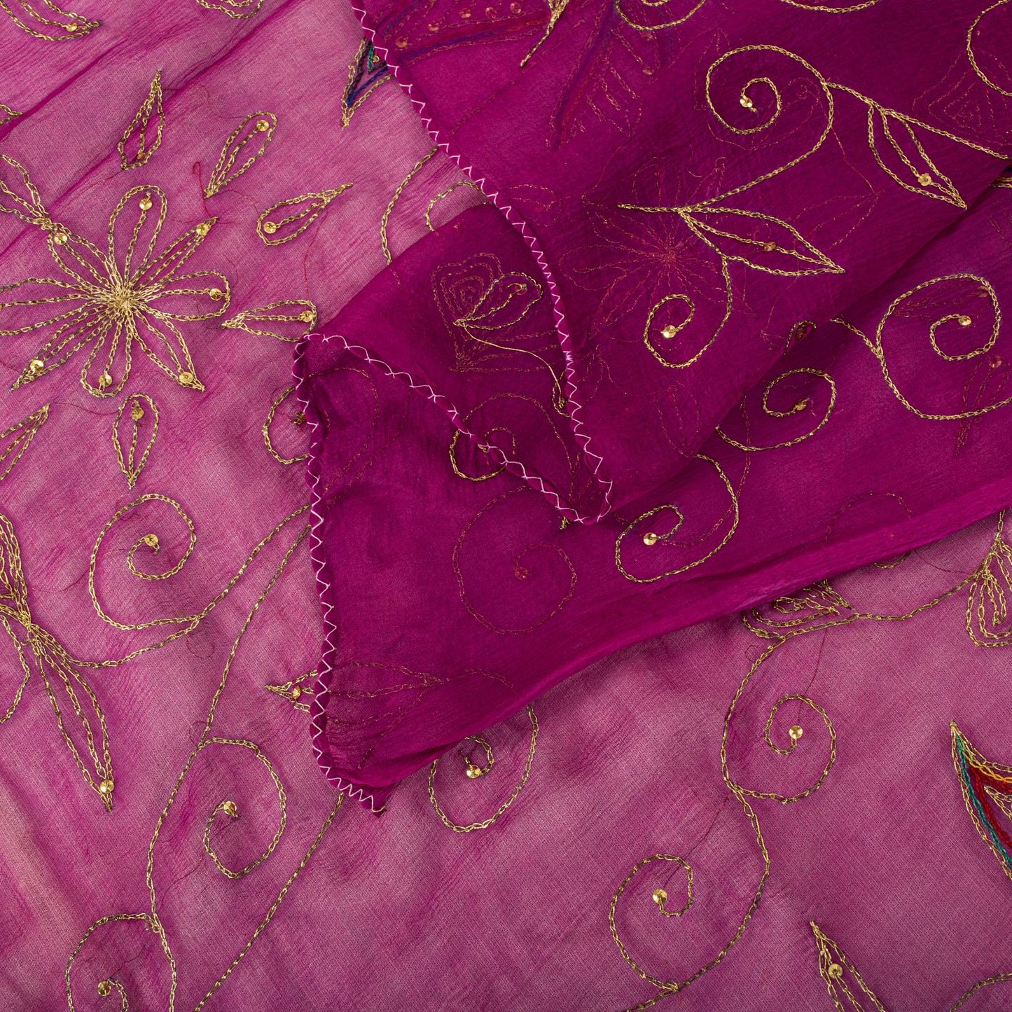 Sanskriti Vintage Dupatta/Stole Pink Pure Chiffon Embroidered Zari Sequns Veil