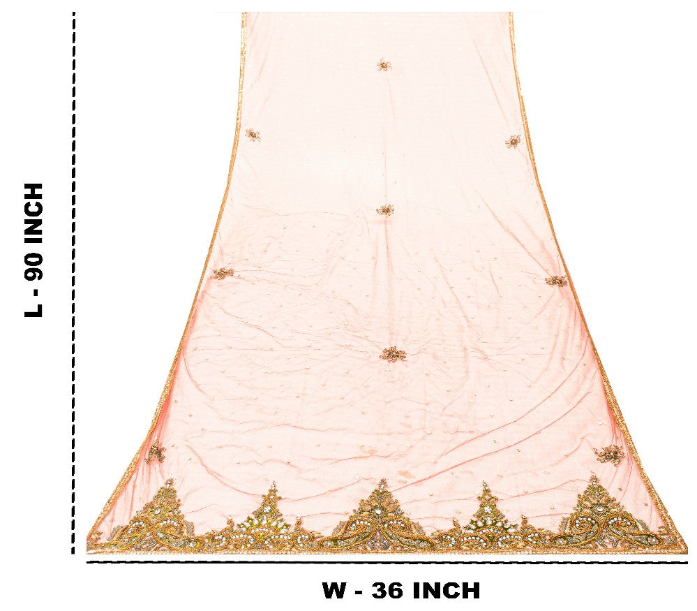 Sanskriti Vintage Peach Net Dupatta Long Stole Hand Beaded Zardozi Neck Scarves