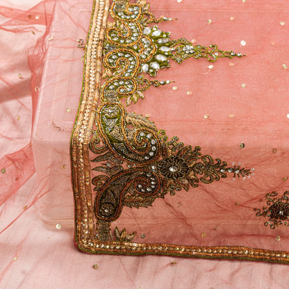 Sanskriti Vintage Peach Net Dupatta Long Stole Hand Beaded Zardozi Neck Scarves