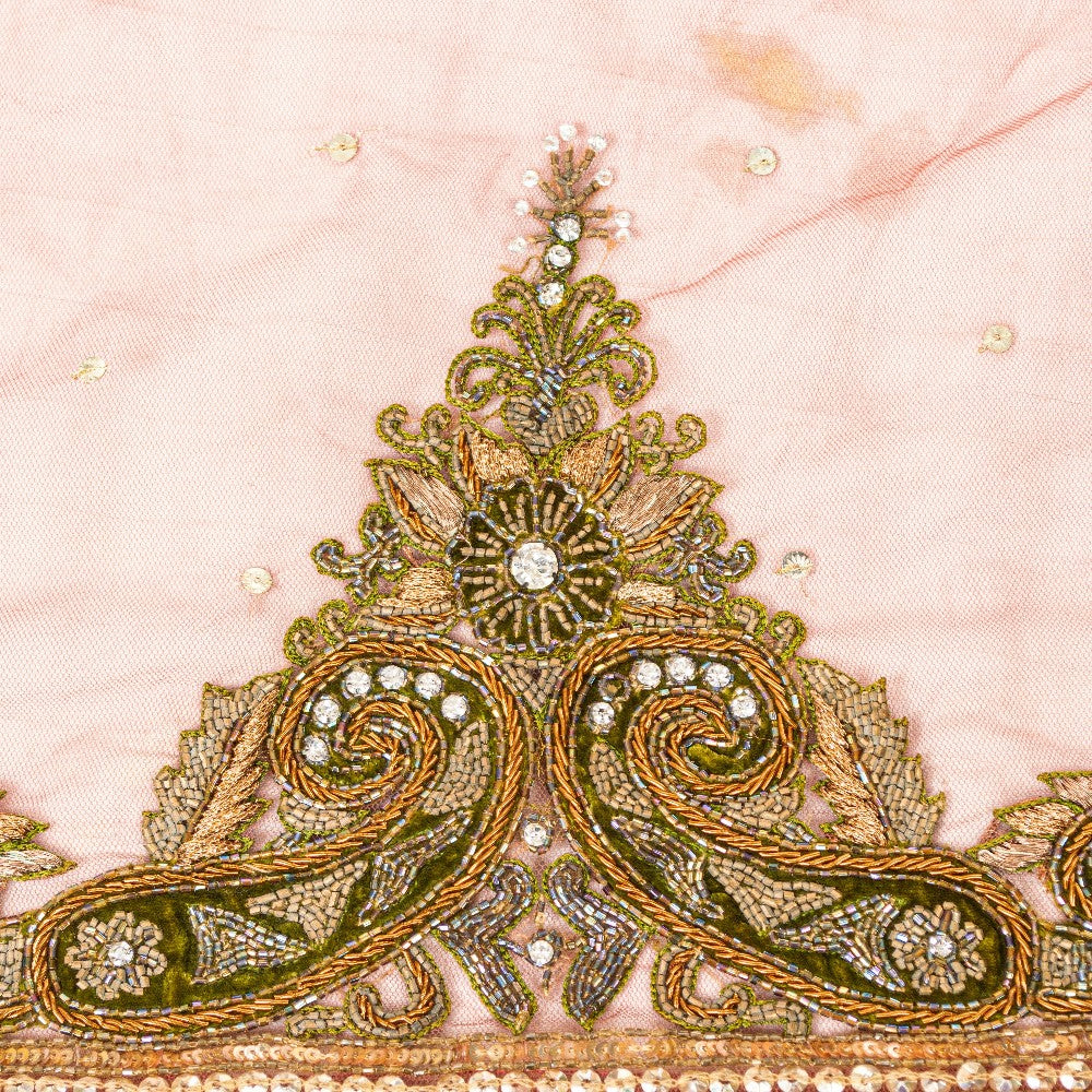 Sanskriti Vintage Peach Net Dupatta Long Stole Hand Beaded Zardozi Neck Scarves