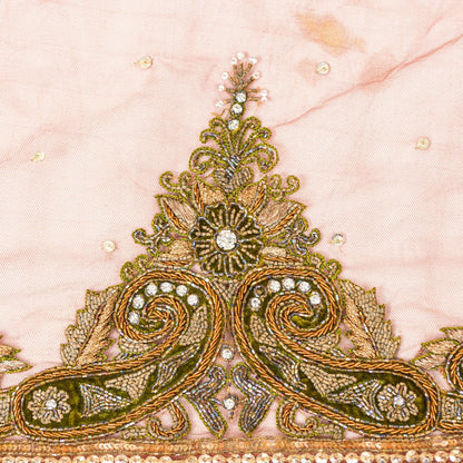 Sanskriti Vintage Peach Net Dupatta Long Stole Hand Beaded Zardozi Neck Scarves
