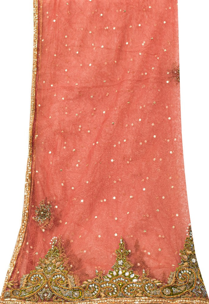 Sanskriti Vintage Peach Net Dupatta Long Stole Hand Beaded Zardozi Neck Scarves