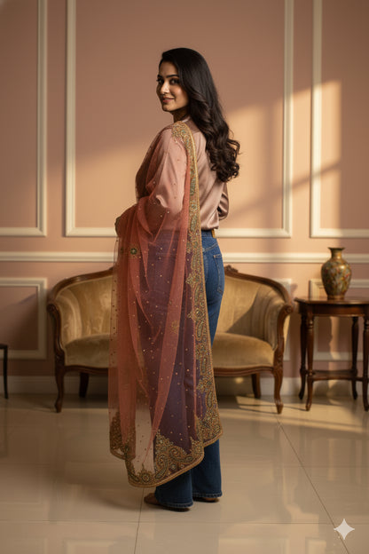 Sanskriti Vintage Peach Net Dupatta Long Stole Hand Beaded Zardozi Neck Scarves