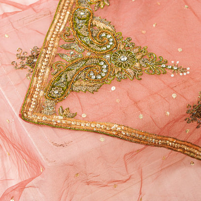 Sanskriti Vintage Peach Net Dupatta Long Stole Hand Beaded Zardozi Neck Scarves