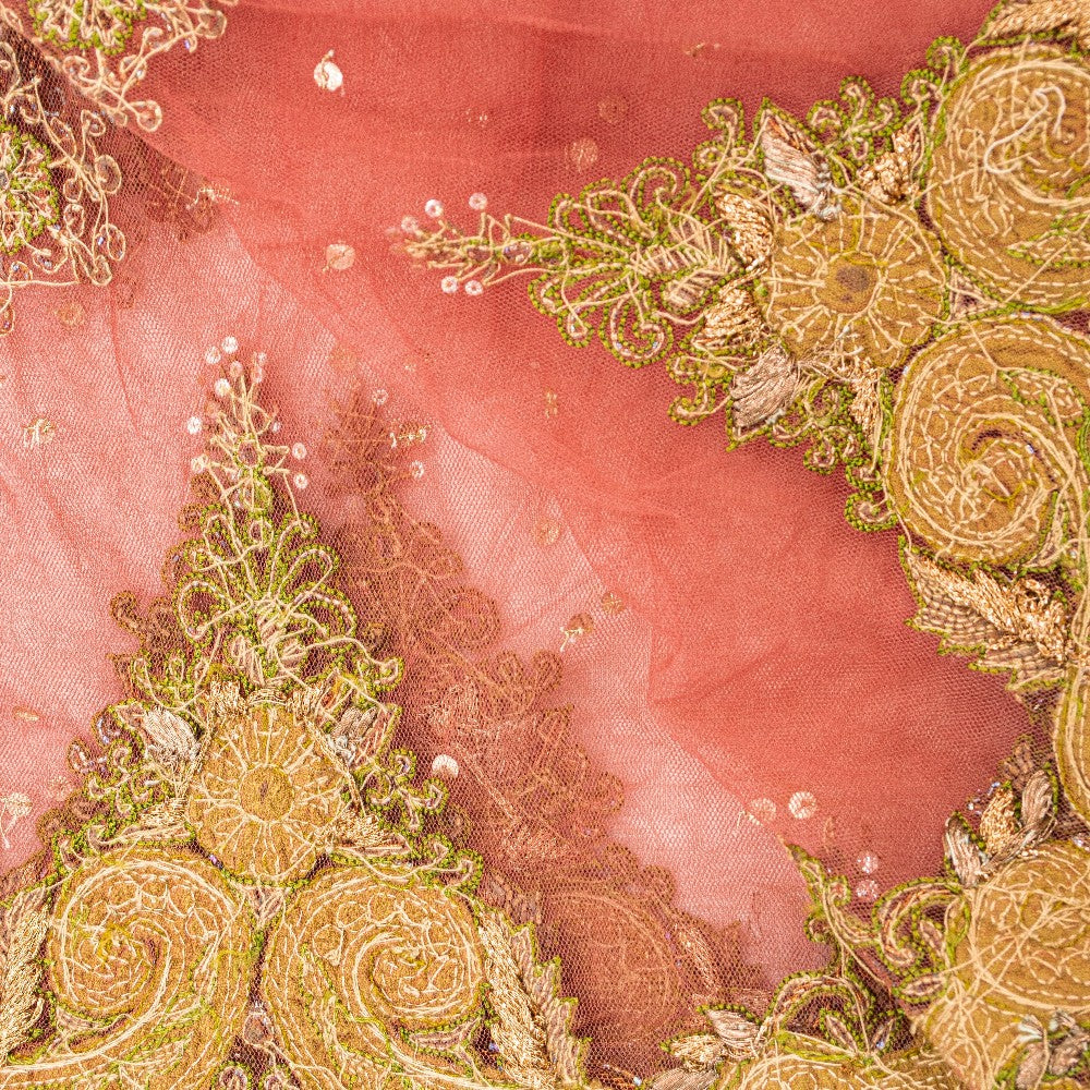 Sanskriti Vintage Peach Net Dupatta Long Stole Hand Beaded Zardozi Neck Scarves