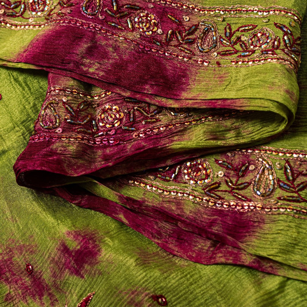 Sanskriti Vintage Green Pure Silk Dupatta Tie-Dye Hand Beaded Zari Neck Stole