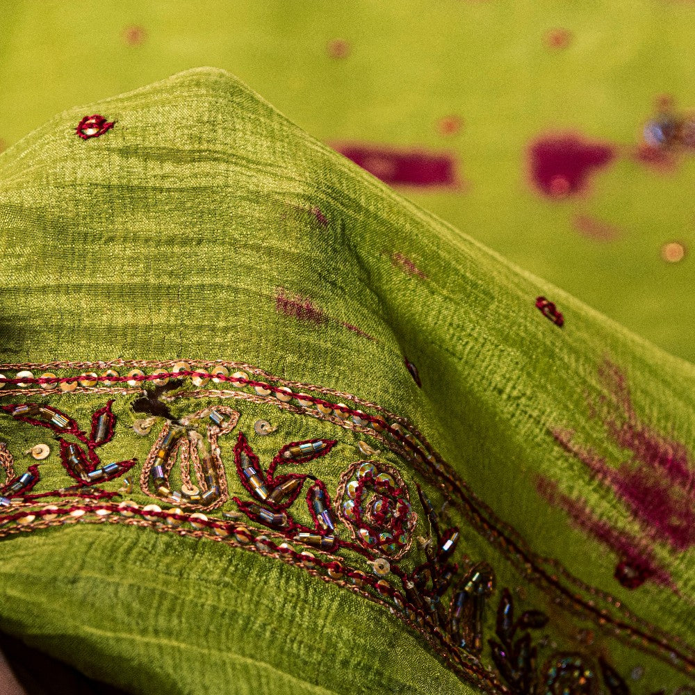 Sanskriti Vintage Green Pure Silk Dupatta Tie-Dye Hand Beaded Zari Neck Stole