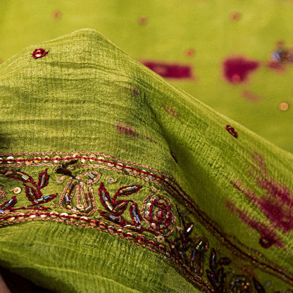 Sanskriti Vintage Green Pure Silk Dupatta Tie-Dye Hand Beaded Zari Neck Stole