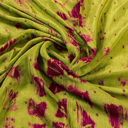 Sanskriti Vintage Green Pure Silk Dupatta Tie-Dye Hand Beaded Zari Neck Stole