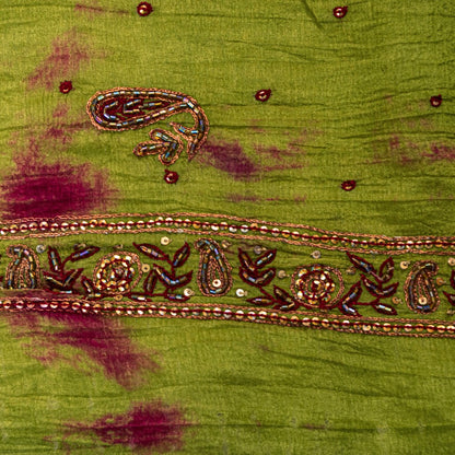 Sanskriti Vintage Green Pure Silk Dupatta Tie-Dye Hand Beaded Zari Neck Stole