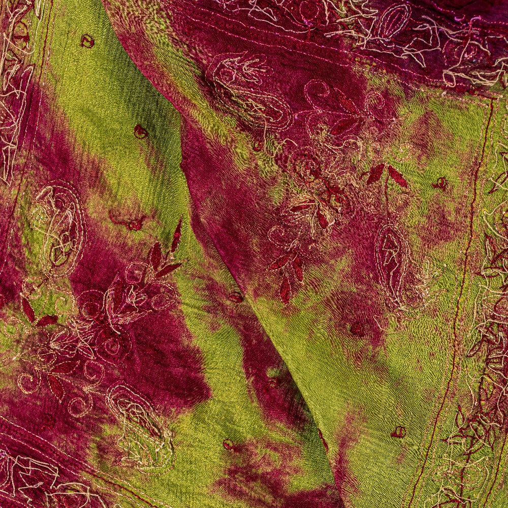 Sanskriti Vintage Green Pure Silk Dupatta Tie-Dye Hand Beaded Zari Neck Stole