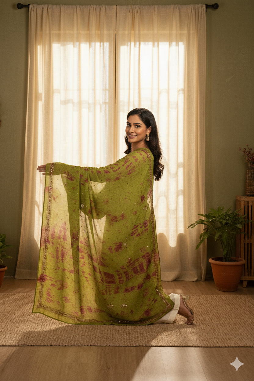 Sanskriti Vintage Green Pure Silk Dupatta Tie-Dye Hand Beaded Zari Neck Stole