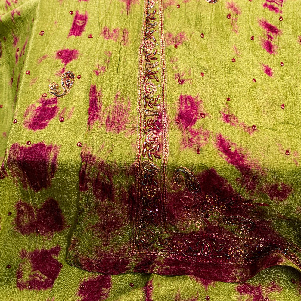 Sanskriti Vintage Green Pure Silk Dupatta Tie-Dye Hand Beaded Zari Neck Stole