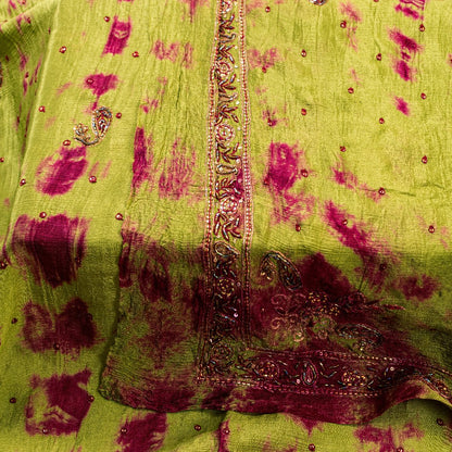 Sanskriti Vintage Green Pure Silk Dupatta Tie-Dye Hand Beaded Zari Neck Stole