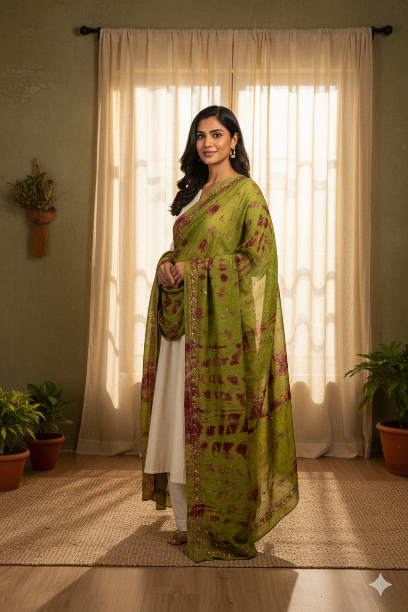 Sanskriti Vintage Green Pure Silk Dupatta Tie-Dye Hand Beaded Zari Neck Stole