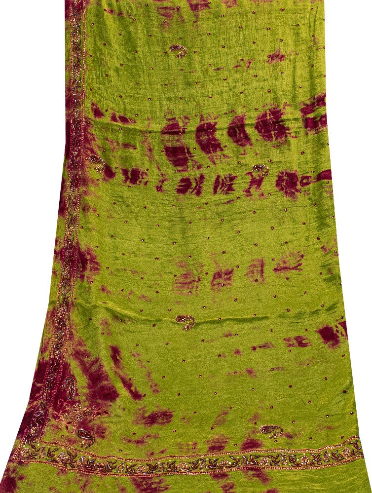 Sanskriti Vintage Green Pure Silk Dupatta Tie-Dye Hand Beaded Zari Neck Stole
