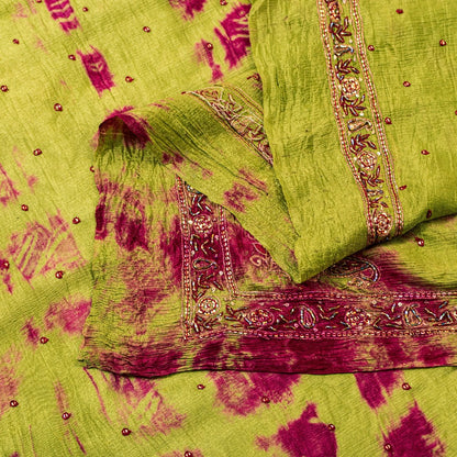 Sanskriti Vintage Green Pure Silk Dupatta Tie-Dye Hand Beaded Zari Neck Stole