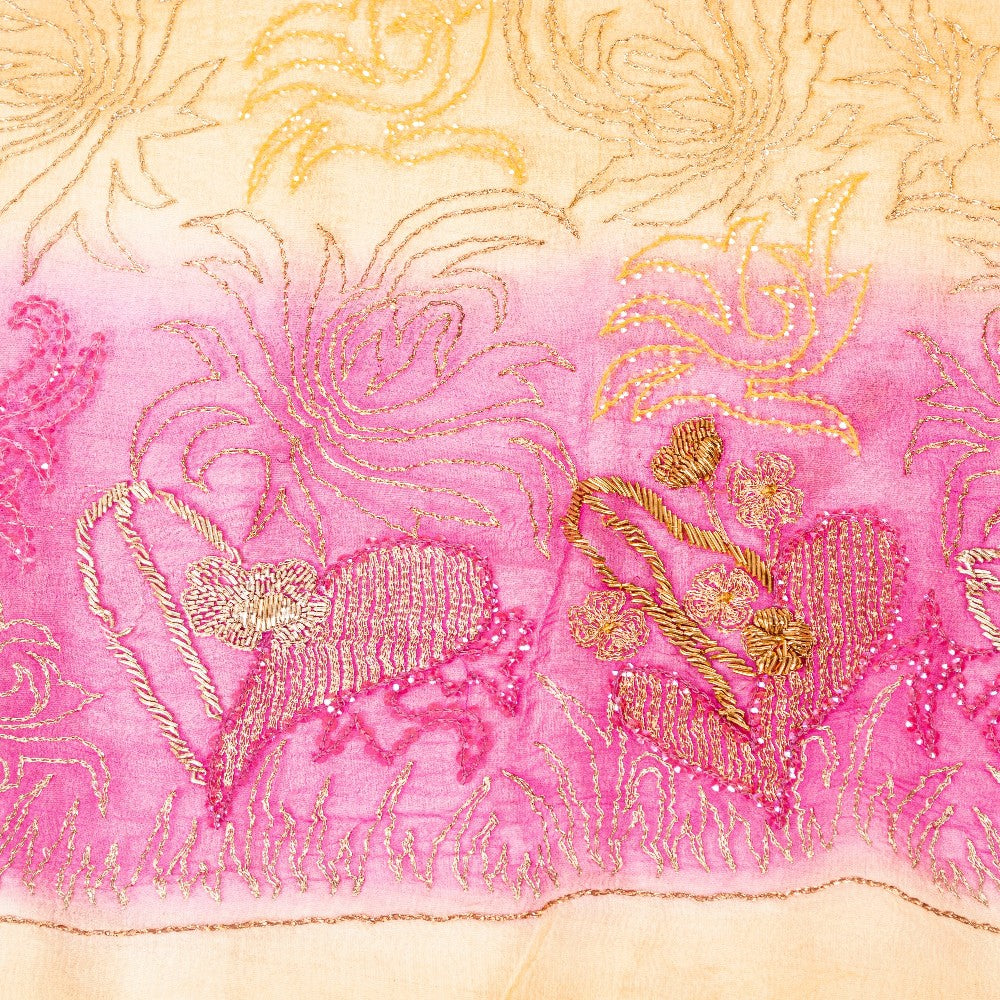 Sanskriti Vintage Pink-Yellow Pure Chiffon Dupatta Hand Embroidery Zardozi Stole