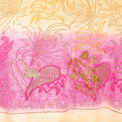 Sanskriti Vintage Pink-Yellow Pure Chiffon Dupatta Hand Embroidery Zardozi Stole