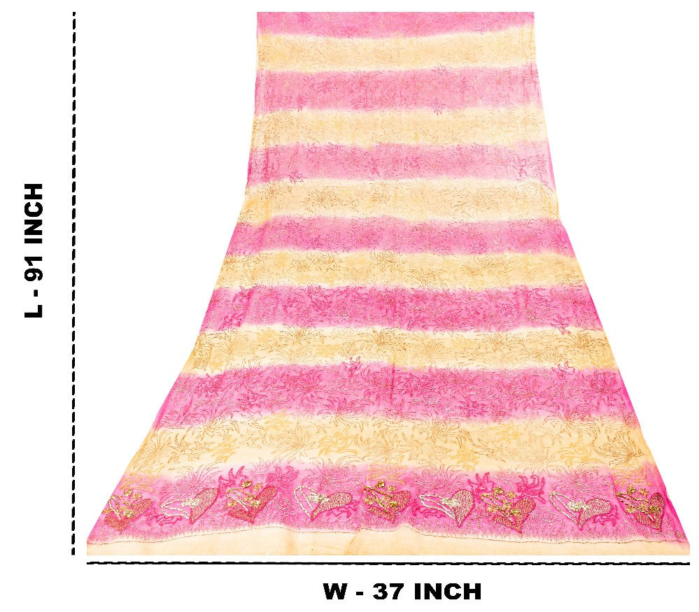 Sanskriti Vintage Pink-Yellow Pure Chiffon Dupatta Hand Embroidery Zardozi Stole