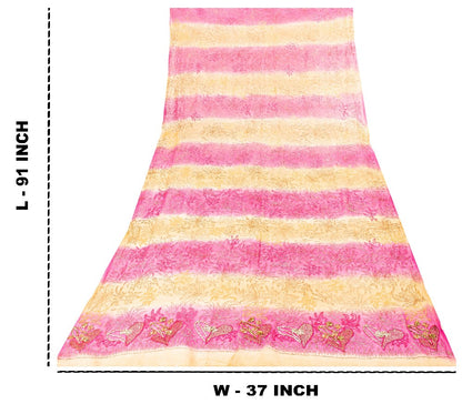 Sanskriti Vintage Pink-Yellow Pure Chiffon Dupatta Hand Embroidery Zardozi Stole