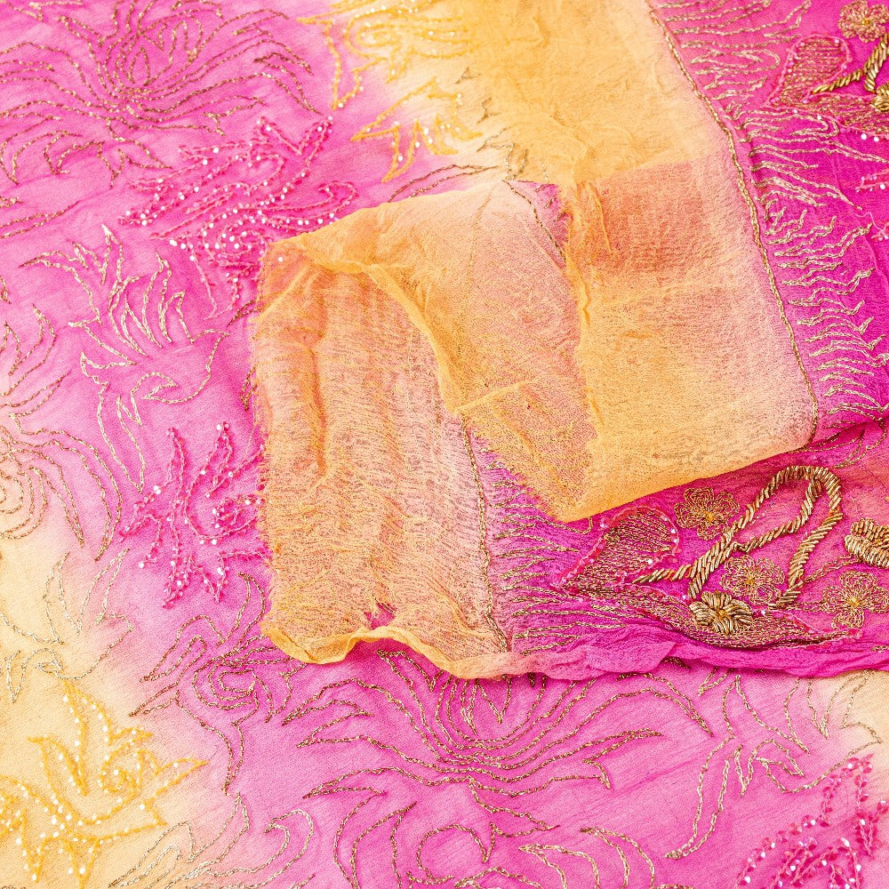 Sanskriti Vintage Pink-Yellow Pure Chiffon Dupatta Hand Embroidery Zardozi Stole