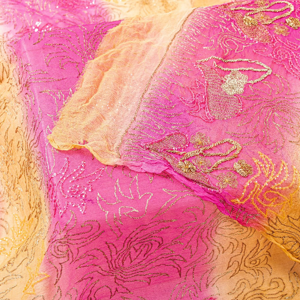 Sanskriti Vintage Pink-Yellow Pure Chiffon Dupatta Hand Embroidery Zardozi Stole