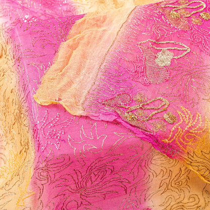 Sanskriti Vintage Pink-Yellow Pure Chiffon Dupatta Hand Embroidery Zardozi Stole