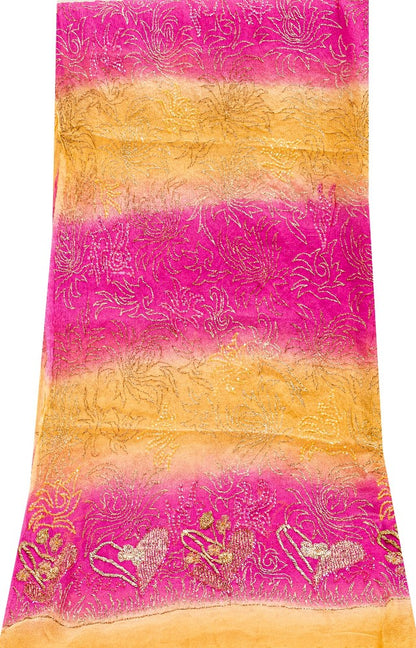 Sanskriti Vintage Pink-Yellow Pure Chiffon Dupatta Hand Embroidery Zardozi Stole